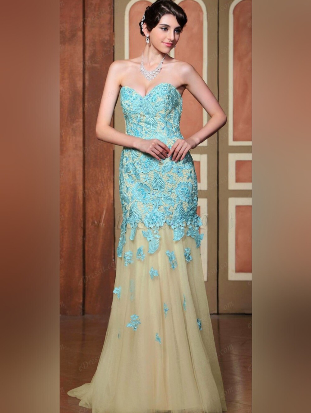 Strapless Aqua Lace Appliqué Evening Gown